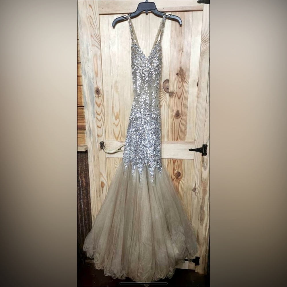 blush prom diamond see through dress size 4